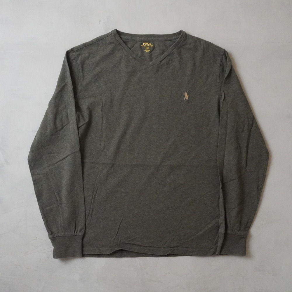 Polo Ralph Lauren V-Neck T-Shirt Medium Mens Olive Green Long Sleeve Pony Logo